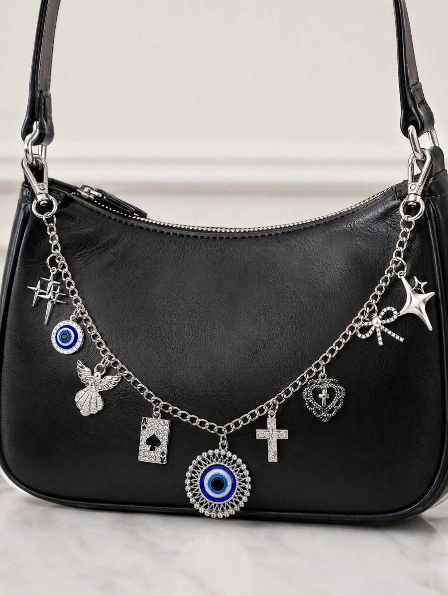 1pc Gothic Style Multi-Type Rhinestone Evil Eye Wallet Charm And Chain, Blue Demon Eye Bag Charm, Charming And Unique Bag Accessory, Backpack Keychain, Women's Accessory, Travel Essential, Halloween Decoration