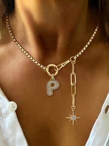1pc Gold Round Lobster Double Clasp Letter Necklace, Stainless Steel Chain, Unique Diamond Initial Octagonal Star Pendant Women's Necklace - Yellow Gold - View 26