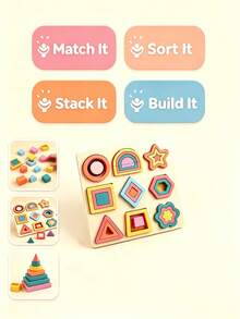 Mainan Puzzle Kayu Multifungsi 2 Bagian, Menggabungkan Pengenalan Hewan, Identifikasi Bentuk, Pencocokan Warna, Penumpukan, dan Membangun Berbagai Cara Bermain. Warna Lembut dan Kaya, Balok Besar Mudah Digenggam, Permukaan Halus. - MultiWarna - View 4