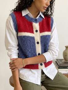 Rompi Rajut Pendek Tanpa Lengan Gaya Vintage Wanita, Blok Warna Merah & Biru, Kancing Depan, Gaya Kampus Musim Gugur/Dingin - Merah - View 5