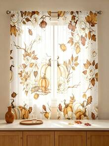 2PCS Autumn Semi‑Sheer Curtains, Retro White Rose Pumpkin Maple Leaf Print Light Filtering Drapes For Bedroom Living Room Fall Home Decoration,Fall Sheer Curtains - Multicolor - View 1