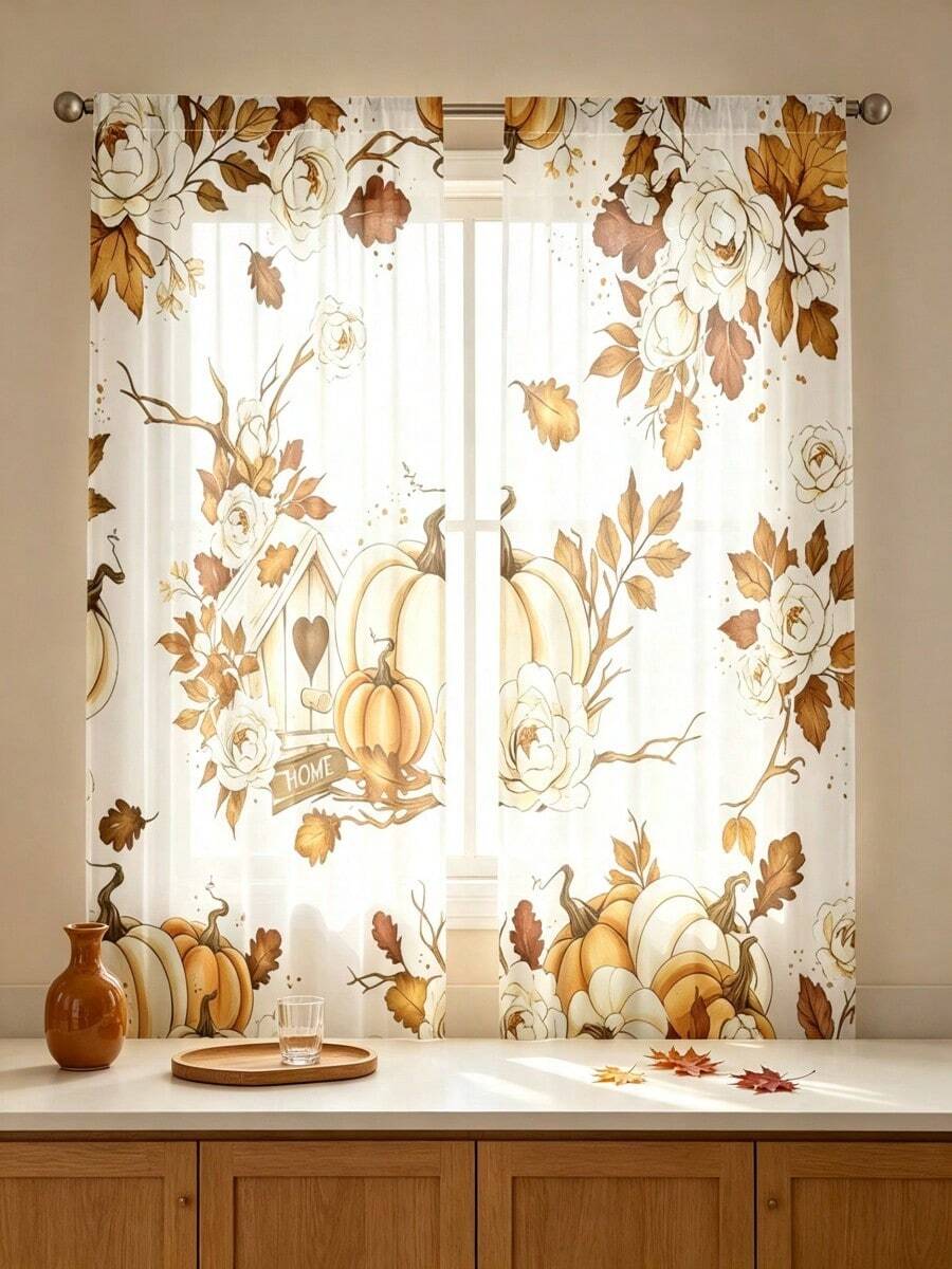 2PCS Autumn Semi‑Sheer Curtains, Retro White Rose Pumpkin Maple Leaf Print Light Filtering Drapes For Bedroom Living Room Fall Home Decoration,Fall Sheer Curtains - Multicolor - View 1