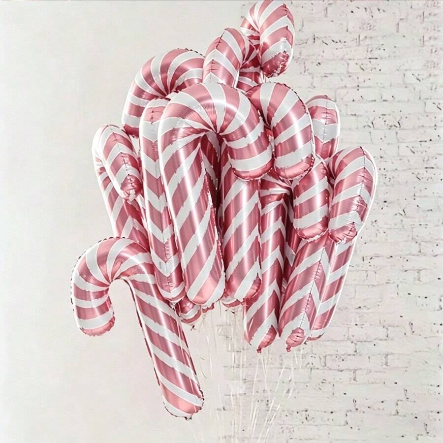 10pcs/5pcs/2pcs Large 32 Inch Pink & White Striped Candy Cane Foil Balloons, Christmas New Year Outdoor Party Atmosphere Decoration, Photo Props For Girls - Multicolor - View 1