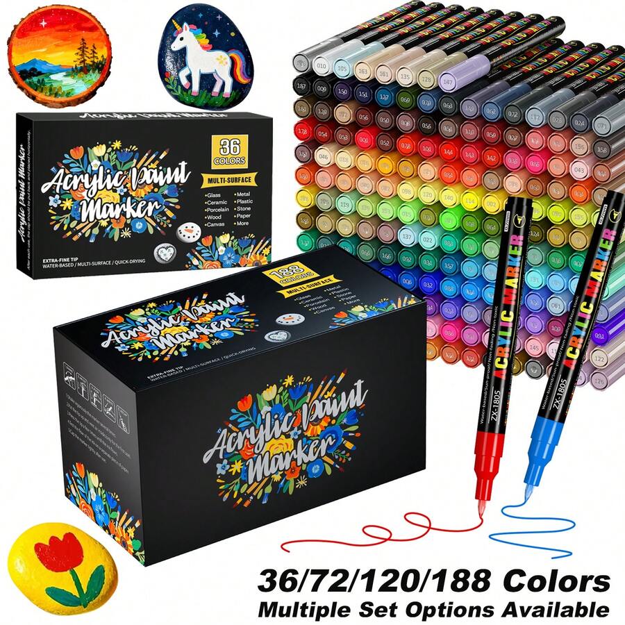 Acrylic Paint Markers 0.7mm Ultra Fine Tip, 36/72/120/188 Color Set, Quick Drying Waterproof High Coverage, Suitable For Stone, Glass, Wood, Ceramic, Canvas And Other Surfaces Hand Drawing Graffiti Painting - 0.7mm Acrylic Marker Set - View 1