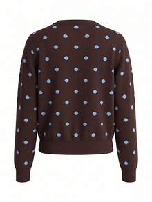 Women's Brown Polka Dot Regular Long Sleeve Cardigan, Button Front, High Elasticity Pullover - Purple - View 7