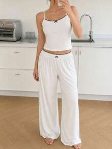 Women's 2-Piece Polka Dot Pajama Set, Spaghetti Strap Camisole Top + Elastic Waist Wide Leg Pants, Loungewear Set - White - View 5