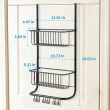 2-Tier Over The Door Metal Shower Caddy Organizer - Hanging Storage Rack With 2 Baskets & 6 Hooks - Space-Saving Bathroom, Bedroom, Pantry, Laundry Organizer, 11.8" X 5.1" X 24.2" - Black - View 7