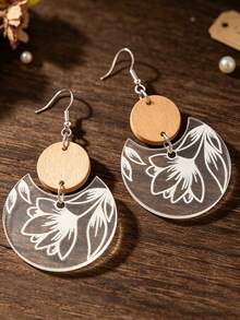 1 Pair Vintage Floral Print Transparent Acrylic & Wooden Disc Dangle Earrings - Transparent White - View 5