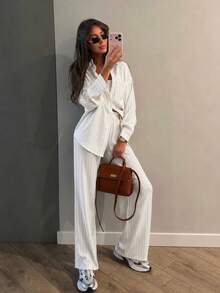 Chic Women's Striped Two Pieces Set Long Sleeve Shirt Collar Top And Matching Wide-Leg Pants, Perfect For A Relaxed Yet Polished Everyday Style - White - View 6
