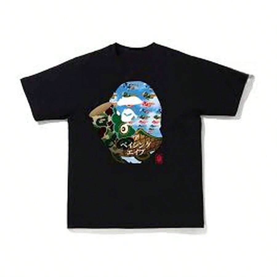 Streetwear Cotton Vintage Style Monkey Handprint Monkey Head T-Shirt Unisex - 黑色 - 查看 1