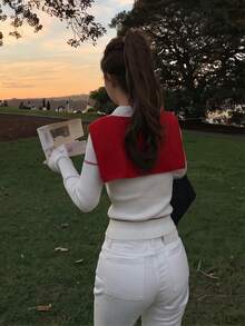 Y6Y Autumn/Winter British Style Beige Women's Sweater Red Shawl Polo Collar Slim Fit Long Sleeve Knit Top - Off White - View 2