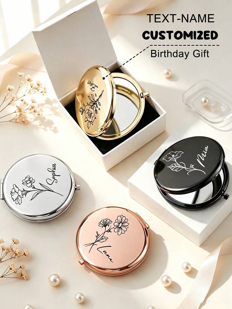 Custom Engraved Portable Makeup Mirror, Personalized Name Pocket Makeup Mirror, Portable Double-Sided Folding Makeup Mirror, Birthday Wedding Bridesmaid Women Gift - Multicolor - View 1