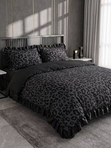 2/3pcs Satin Ruffle Duvet Cover Set, Dorm Bedding, Black Leopard Print Bedding Set, Cozy Room Decor, Skin-Friendly Breathable, Ultra Soft Anti-Pilling, No Duvet Insert Included, Suitable For Single/Double/Queen/King Size Bed, All Seasons, Machine Washable, Back To School - Multicolor - View 7