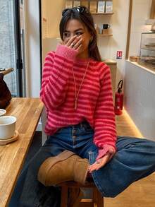 Senya Women's Vintage Colorblock Striped Knit Sweater, Round Neck Fuzzy Loose Pullover, Drop Shoulder Casual Long Sleeve Top Fall - Hot Pink - View 2