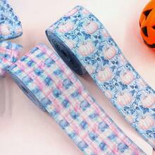 2 Rolls Light Blue Plaid Pumpkin Decorative Ribbon Set - 6.3cm/2.5inch Width, Total Length 6m - Modern Thanksgiving Decorative Ribbon, Plaid Pumpkin Pattern Ribbon, Thanksgiving Holiday Decoration, Gift Wrapping, Autumn Holiday Wreath Material, DIY Bows, Home Decor DIY - Pink and Blue Plaid Pumpkin - View 1