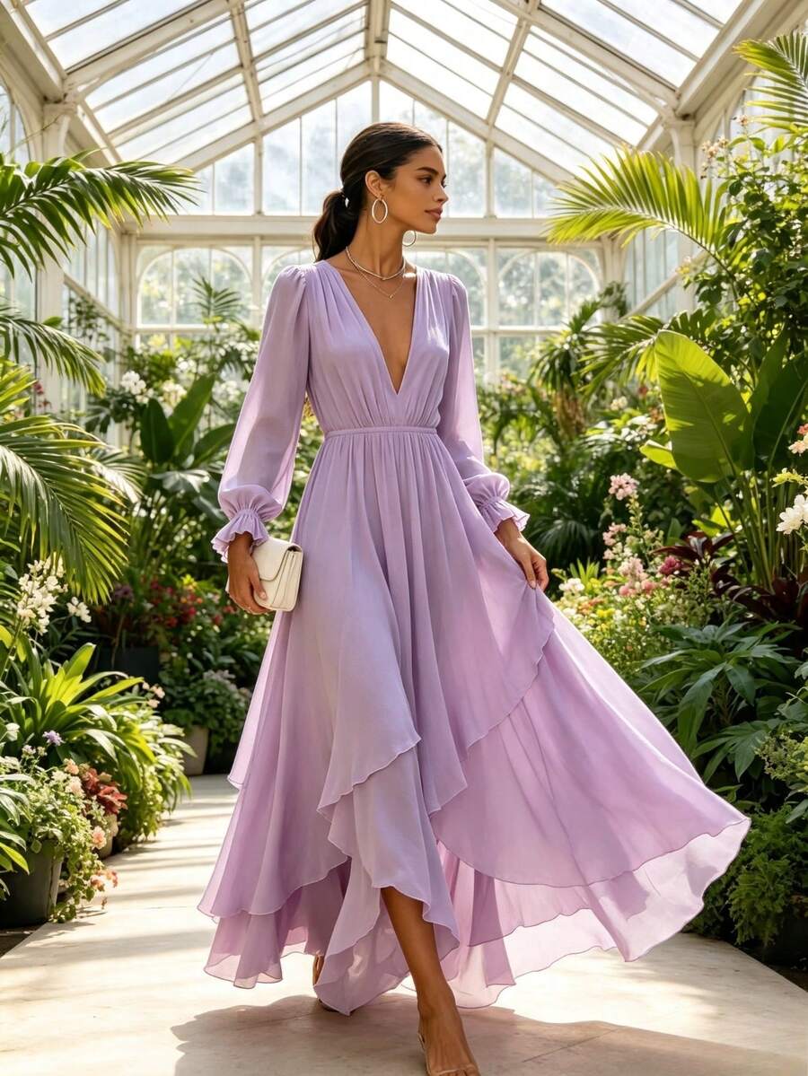 Vestido Maxi Bohemio Multicolor para Mujer, Cuello en V, Manga Larga con Puño de Volante, Falda Asimétrica de Chifón, Vestido Largo Holgado de Viaje y Playa - Morado - Ver 1