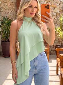 Women's Asymmetrical Cropped High Neck Halter Layered Tie-Neck Boho Chic Casual Elegant  Fashion Autumn Winter - 薄荷綠 - 查看 1