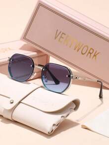 Verywork 1pc Personalized Geometric Brand Design Women's Sunglasses, Comes With Storage Case And Cleaning Cloth, Suitable For Beach Vacation, Street Fashion, Outdoor Travel, Driving Sun Protection And More - Multicolor - View 9