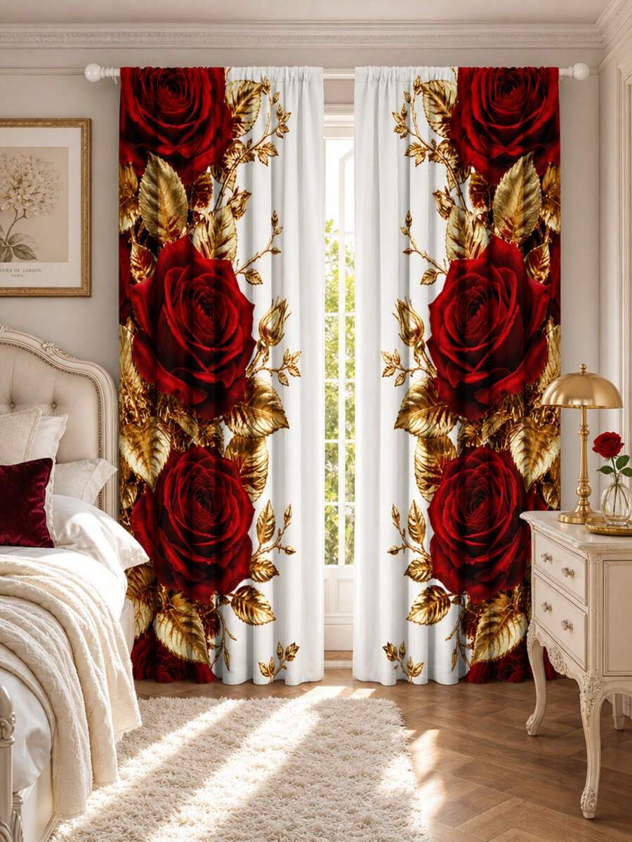 2 Panels Red Rose Golden Leaves Window Curtains, Rod Pocket Luxury Floral Digital Print Polyester Drapes, Semi Sheer Light Filter Privacy Curtains For Bedroom Living Room Home Decor - Multicolor 1 - View 1