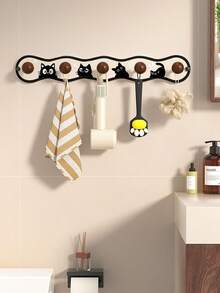Self-Adhesive No-Drill Wall Hook Rack, Cute Black Cat Pattern Wavy Coat & Hat Rack, Multiple Wooden Ball Hooks, Suitable For Clothes, Bags, Keys And Scarves, Bedroom Hallway Aesthetic Decor Storage Organizer - Multicolor - View 9