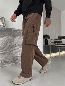 Celana Kargo Korduroi Vintage Musim Semi dan Gugur untuk Pria, Model Longgar, Kaki Lebar, Kaki Lurus, Banyak Saku, Celana Panjang Kasual dengan Potongan Draping - Coklat - View 1