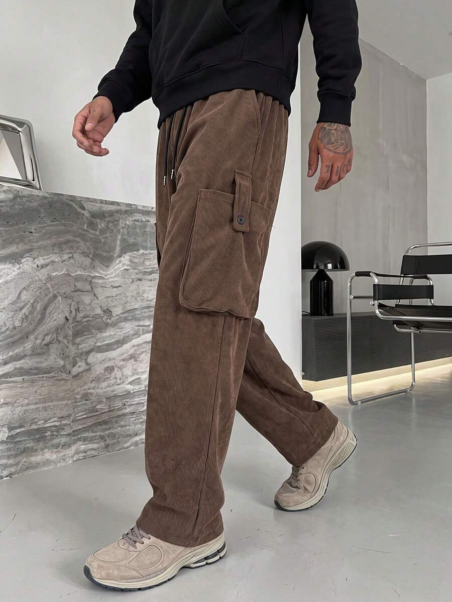 Celana Kargo Korduroi Vintage Musim Semi dan Gugur untuk Pria, Model Longgar, Kaki Lebar, Kaki Lurus, Banyak Saku, Celana Panjang Kasual dengan Potongan Draping - Coklat - View 1