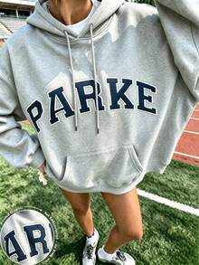2026 New Arrival Bestseller Fall Clothes For Women, Casual "PARKE" Letter Print Loose Pullover Hoodie, Encountering Lazy Fashion Women's Graphic Tops - 灰色3 - 查看 11