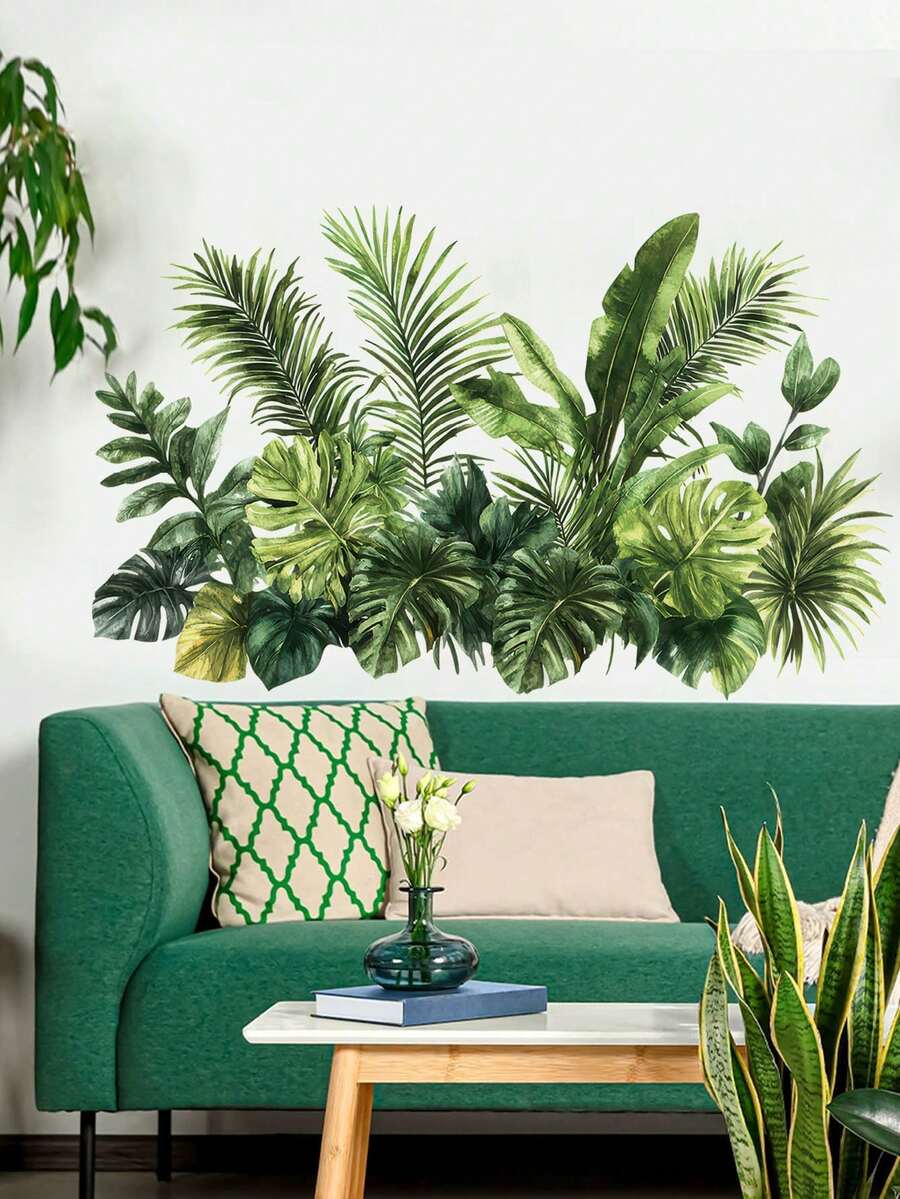 2pcs/Set Tropical Green Monstera Leaf Wall Decal Stickers, Removable Room Decor For Bedroom, Living Room, Entryway - 2pcs - View 1