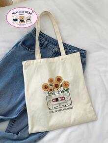 Bolsa de compras con estampado de girasoles - Beis - Ver 5
