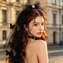 Velo de malla negra transparente y ligero con borde ondulado, accesorio para el cabello resistente a enganches para fotografía y peinados festivos - Ver 6