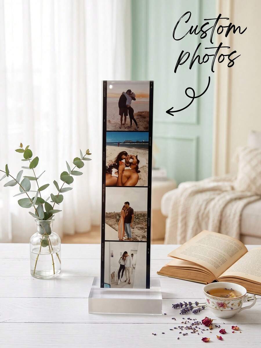 1pc Customized Photo Acrylic Film Strip Desktop Decor, Personalized Family Couple Travel Photo Display Stand, Anniversary Gift, Wedding Favor Decoration - Multicolor - View 1