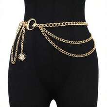 1pc Fashion Moon Multi-Layer Metal Chain Waist Belt, Hip Hop Punk Sun & Crescent Moon Body Chain - Gold - View 6