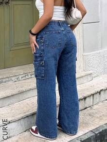 Women's Plus Size Cargo Straight Leg Denim Jeans, Multi-Pocket Design Mid-High Waist Loose Wide Leg Casual Denim Pants, Suitable For Autumn/Winter Outfits - Dark Wash - View 5