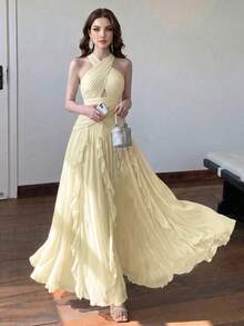 Women's Elegant Sexy Multi-Layer Ruffle Patchwork Design Fashionable Flared Slimming Luxury Dress Solid Color Sexy Party Patchwork Wedding Fall - Light Yellow - View 3