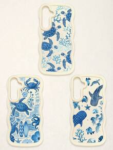 3 Pcs Wavy White Edge Ocean Sea Turtle Print Phone Case, Blue Tone Underwater Creature Illustration Soft Shell, Thickened Wavy Frame Full Coverage Anti-Drop TPU Phone Cover, Ins Vacation Style Niche Fresh Digital Accessory; Suitable For Valentine's Day, Easter, Mother's Day, Father's Day, Independence Day, Halloween, Thanksgiving, Christmas, New Year, Birthday, Back To School Gifts, Compatible With IPhone 17/17 Pro - Multicolor - View 35
