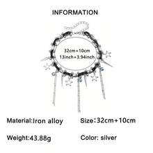 1pc Exquisite Heavy Metal Punk Gothic Style Pentagram Tassel Leather Rope Collarbone Necklace, Sweet & Cool Hort Girl Style, Suitable For Party, Matching With Best Friends, Gift - Silver - View 7