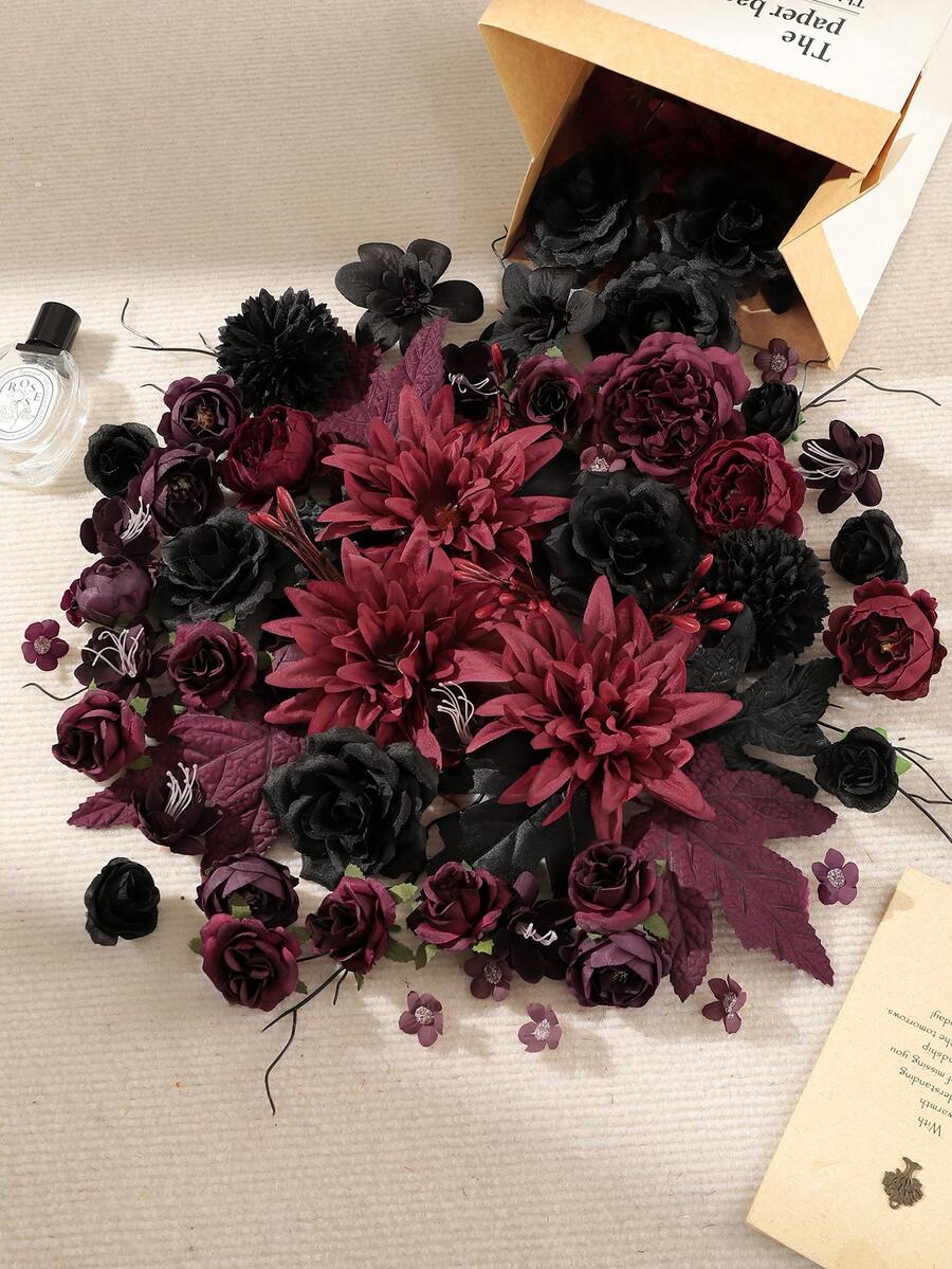 100件/50件 紅黑混色人造花頭套組,萬聖節裝飾,適用於房間裝飾、婚禮裝飾、秋季家居裝飾、桌面與牆面裝飾、聖誕裝飾、臥室裝飾、派對、節日生日禮物 - 黑紅色 - 查看 1
