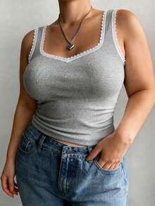 Plus Size Women Ribbed Knit Camisole, Lace Trim Decor, Slim Fit Layering Or Outerwear - Grey - View 5