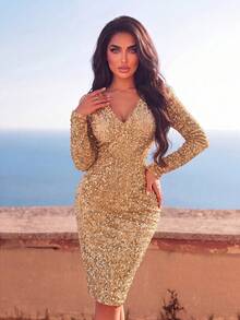 Women's Romantic Sequin Mid-Length Party Dress, Long Sleeve V-Neck Slim Fit With Slit Design, Suitable For Formal Occasions And New Year's Eve - Champagne - View 4