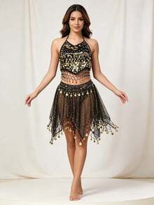 Belly Dance Halter Sequin Coin Crop Top Glitter Mesh Irregular Coin Decorated Skirt Stage Performance Dance Outfit - Multicolor - View 10