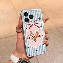 1pc TPU Material Retro Blue Striped Fox Strawberry Bow Pattern Phone Case Compatible With IPhone 17 Pro Max/17/16 Pro Max/15/14/13/12/11 Full Coverage Anti-Drop Soft Shell Protective Cover - Silver - View 2