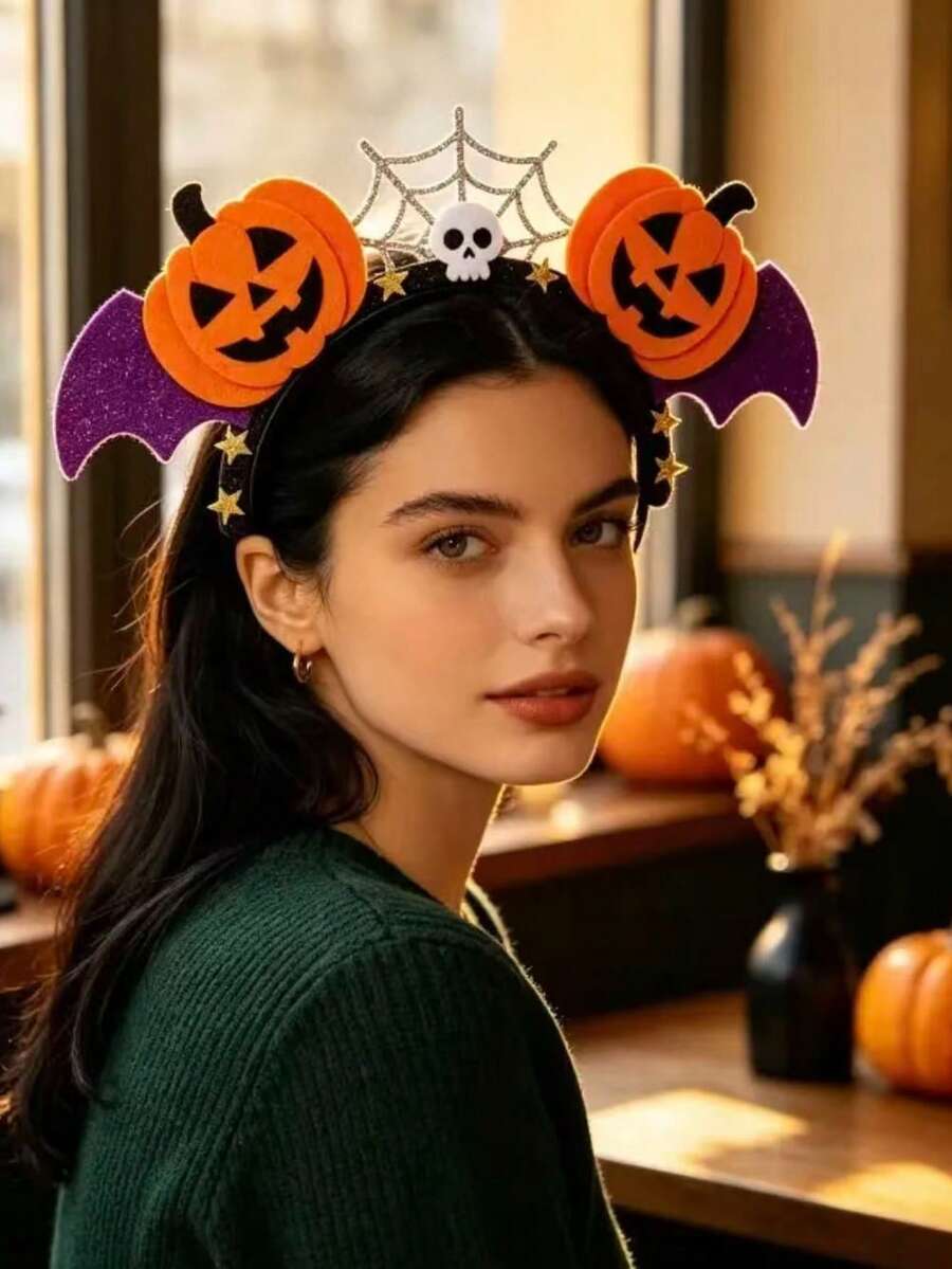 2pcs/Halloween Themed Decorative Headbands, Pumpkin Bat Spider Web Skull Creative Design, Glitter Felt Texture, Suitable For Party Makeup Ball Atmosphere Funny Headwear, Holiday Outfit Versatile Decorative Headband - Multicolor - View 1