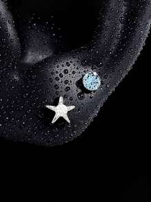 Asymmetric Star & Sky Blue Zirconia Stud Earrings, Minimalist Tiny Piercing Ear Jewelry, Sweet Cool Daily Accessories For Women - Multicolor - View 1