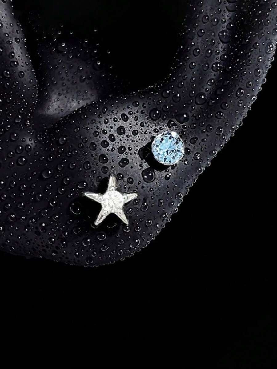 Asymmetric Star & Sky Blue Zirconia Stud Earrings, Minimalist Tiny Piercing Ear Jewelry, Sweet Cool Daily Accessories For Women - Multicolor - View 1