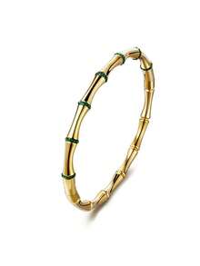 RAYQUEEN Stainless Steel 18K Gold Plated Bamboo Texture Bracelet With White Rhinestone Design, Luxury Women's Stackable Bracelet, Suitable For Daily Wear - Gold - View 6