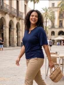 AME MODAS Women's Plus Size Blouse In Viscolycra Knit With Flutter Sleeves And Iron-On Detail On The Neckline 8.8 - 藏蓝色 - 查看 4