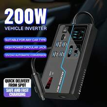 200W车载电源逆变器，带USB/PD/Type-C充电端口，DC 12V/24V转AC 110V/220V转换器 - 黑色 - 查看 2