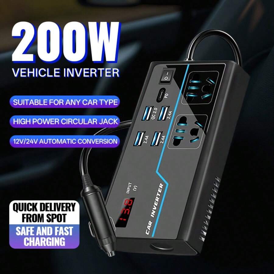 200W车载电源逆变器，带USB/PD/Type-C充电端口，DC 12V/24V转AC 110V/220V转换器