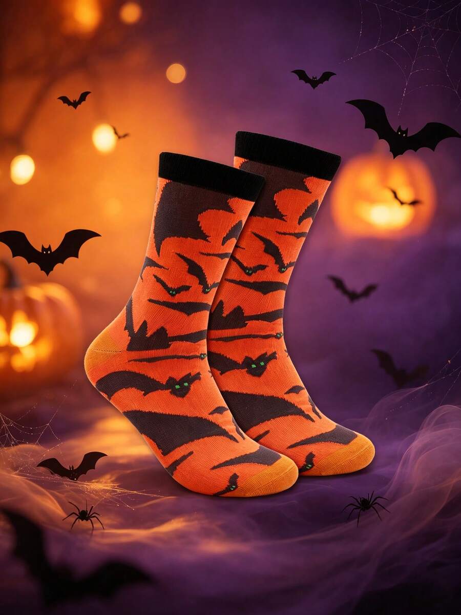 1 Pair Women's Bat Graphic Halloween Mid-Calf Socks, Personalized Bat Print, Comfortable Breathable Versatile Socks, Halloween Bat Socks, Suitable For Halloween Gifts - Orange - View 1