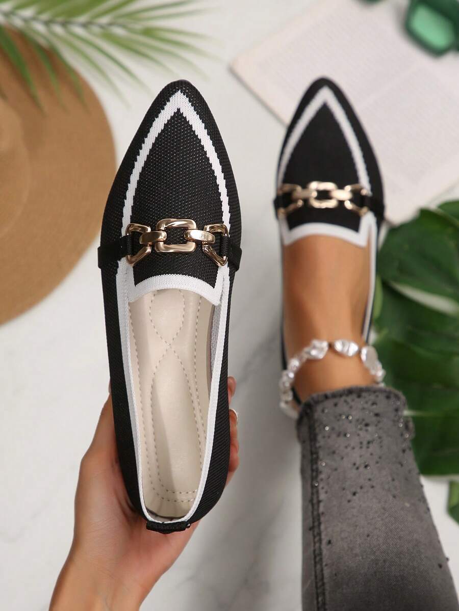 2026 All Season Women's Breathable Loafers With Metal Buckle, Color Block Pointed Toe Flat Shoes, Commute Casual Soft Sole Slip-On - Black - View 1